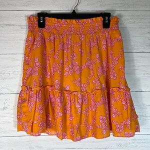 J Crew Womens Medium Pull On Skirt Smocked Waist Floral Orange Pink Summer